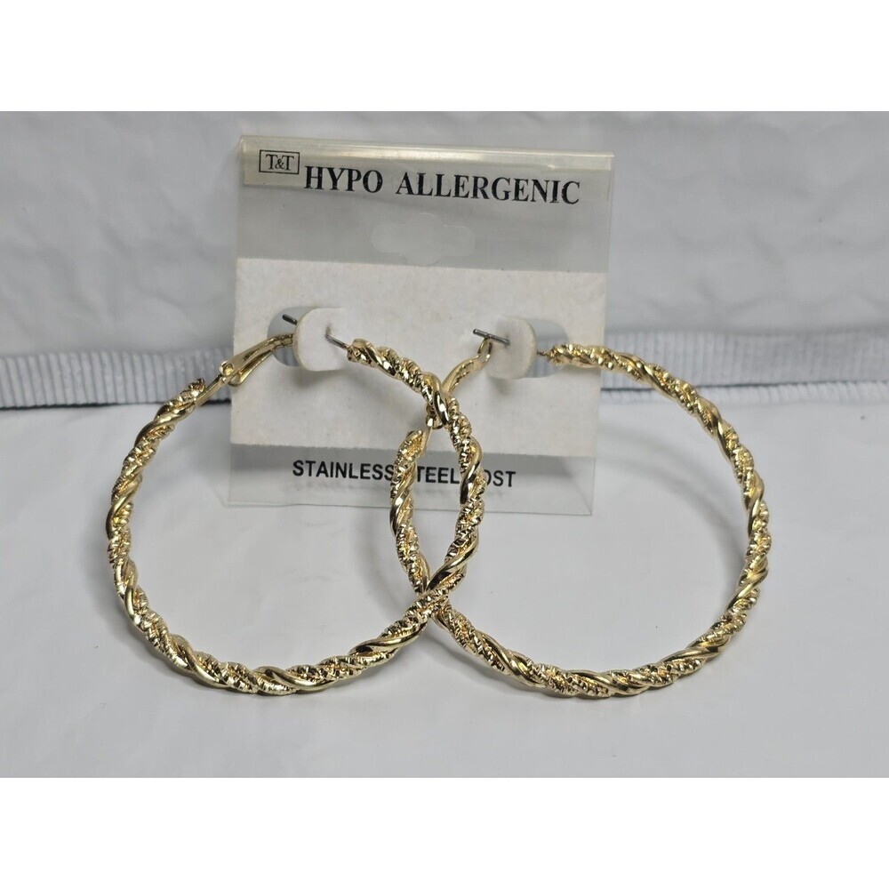 Gold Toned Hoop Large Skinny Earrings Hypoallergenic Stainless Steel Post